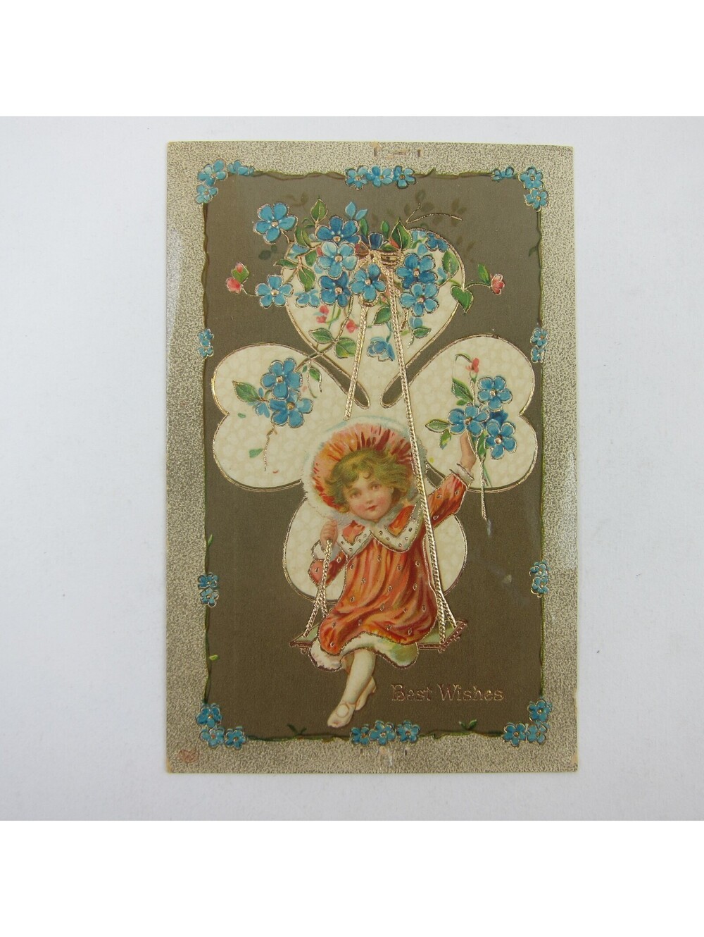 Postcard Girl On Swing Red Dress Hat Fur Trim Blue Flowers Gold Embossed Antique